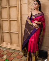 Rajeshwari – Dark Pink Banarasi Silk Saree with Contrast Blue Jacquard Blouse