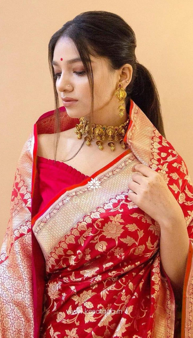 Shanvika - Red Soft Banarasi Silk Saree with Golden Jacquard Floral Weave