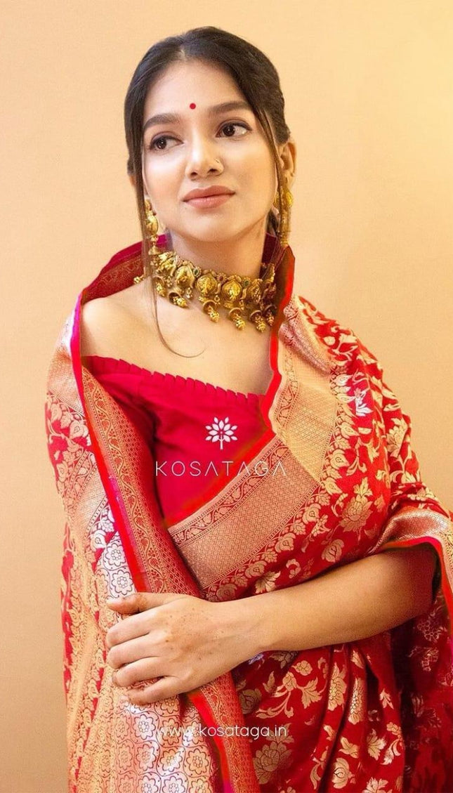 Shanvika - Red Soft Banarasi Silk Saree with Golden Jacquard Floral Weave