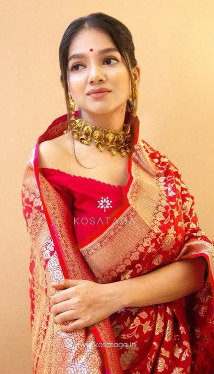 Shanvika - Red Soft Banarasi Silk Saree with Golden Jacquard Floral Weave