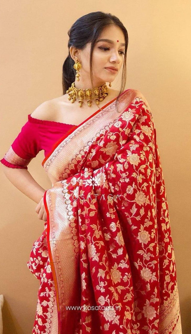 Shanvika - Red Soft Banarasi Silk Saree with Golden Jacquard Floral Weave
