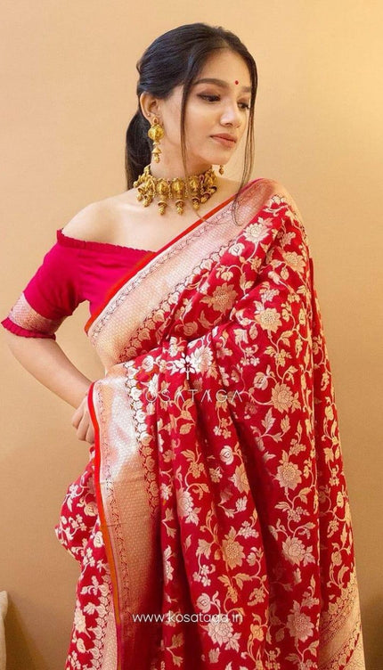 Shanvika - Red Soft Banarasi Silk Saree with Golden Jacquard Floral Weave
