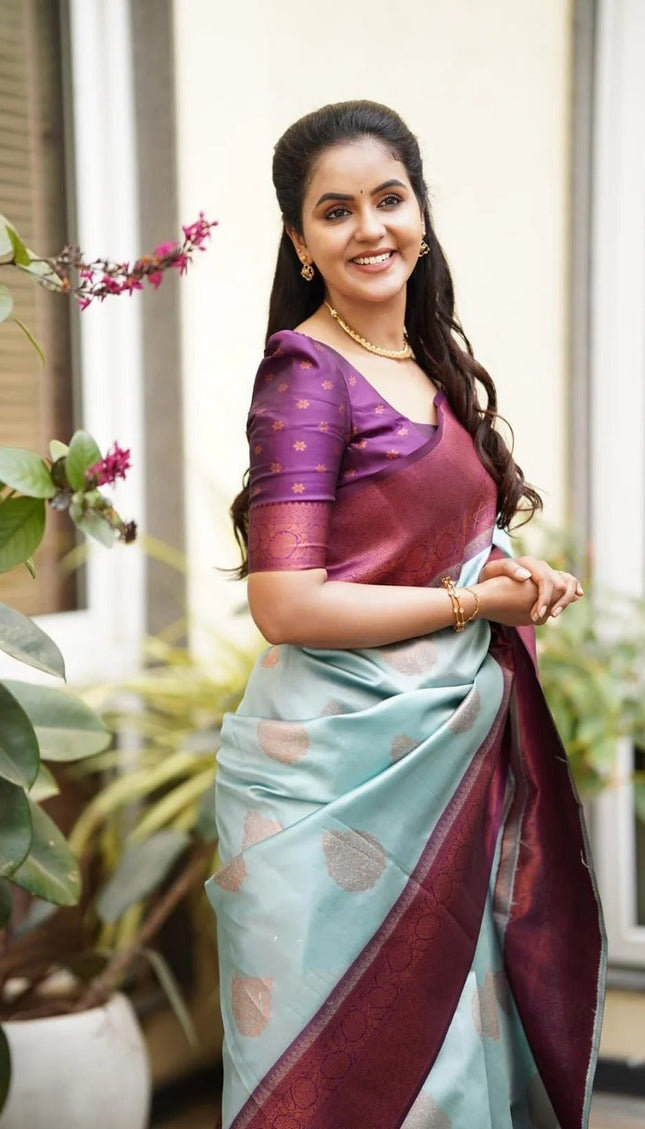 Kavya - Sky Soft Banarasi Silk Saree with Copper Jacquard Buttas