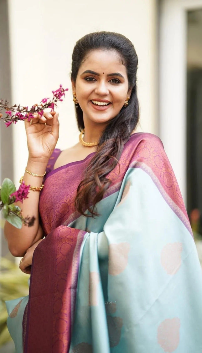 Kavya - Sky Soft Banarasi Silk Saree with Copper Jacquard Buttas