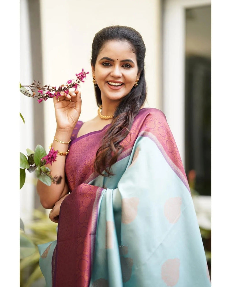 Kavya - Sky Soft Banarasi Silk Saree with Copper Jacquard Buttas