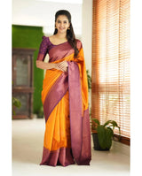 Kavya - Yellow Soft Banarasi Silk Saree with Copper Jacquard Buttas