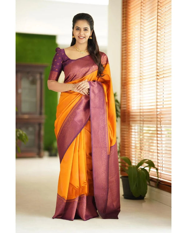 Kavya - Yellow Soft Banarasi Silk Saree with Copper Jacquard Buttas