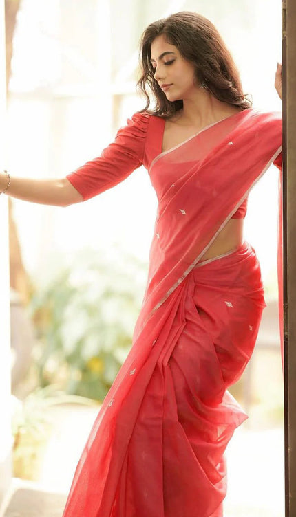 Bhagyashree - Red Pure Linen Silk Saree with Jacquard Weaving