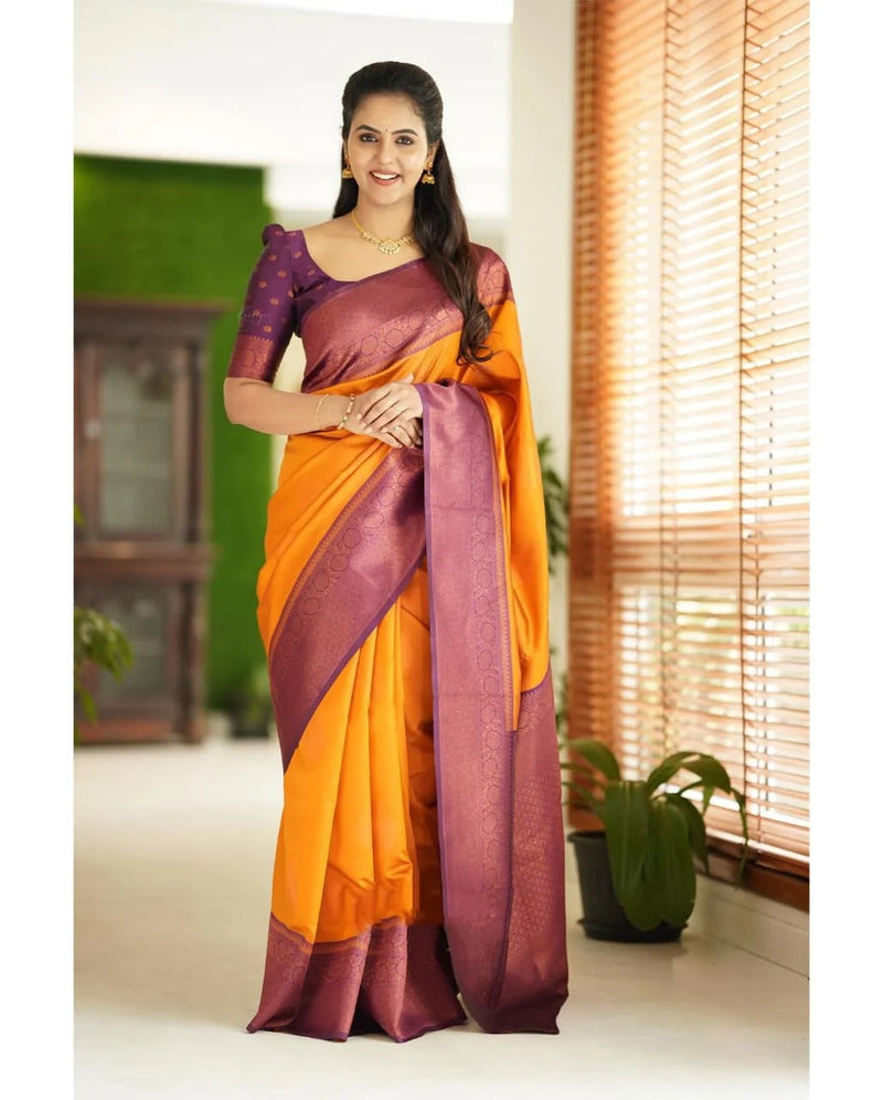 Kavya - Yellow Soft Banarasi Silk Saree with Copper Jacquard Buttas