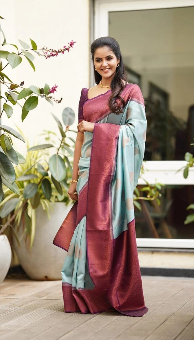 Kavya - Sky Soft Banarasi Silk Saree with Copper Jacquard Buttas