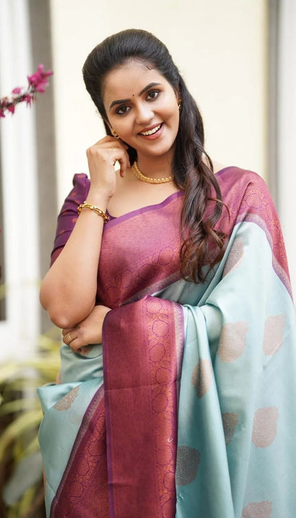 Kavya - Sky Soft Banarasi Silk Saree with Copper Jacquard Buttas