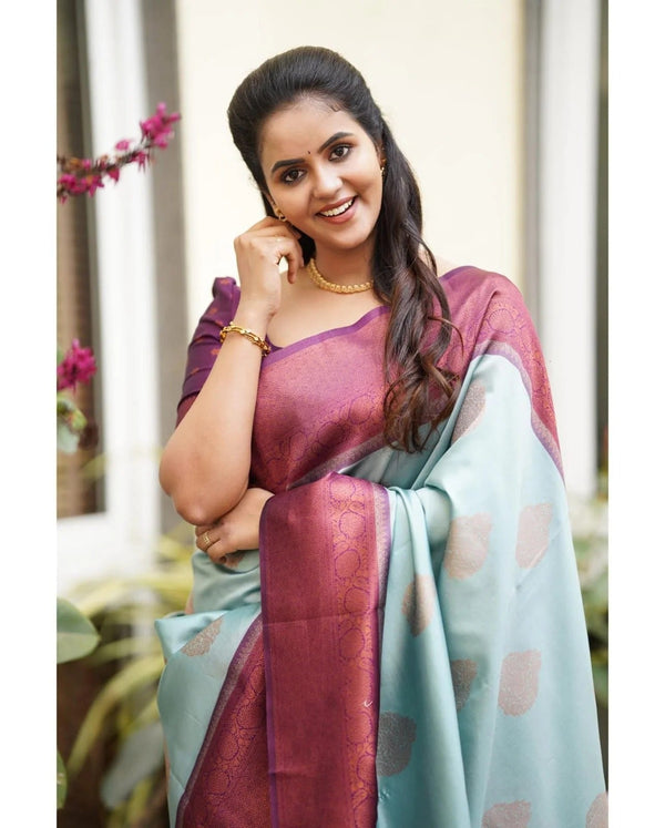 Kavya - Sky Soft Banarasi Silk Saree with Copper Jacquard Buttas