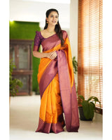 Kavya - Yellow Soft Banarasi Silk Saree with Copper Jacquard Buttas