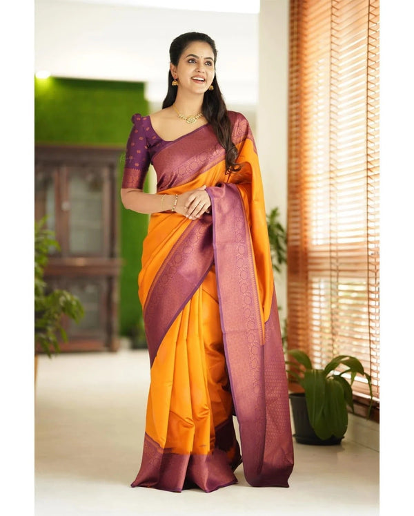 Kavya - Yellow Soft Banarasi Silk Saree with Copper Jacquard Buttas