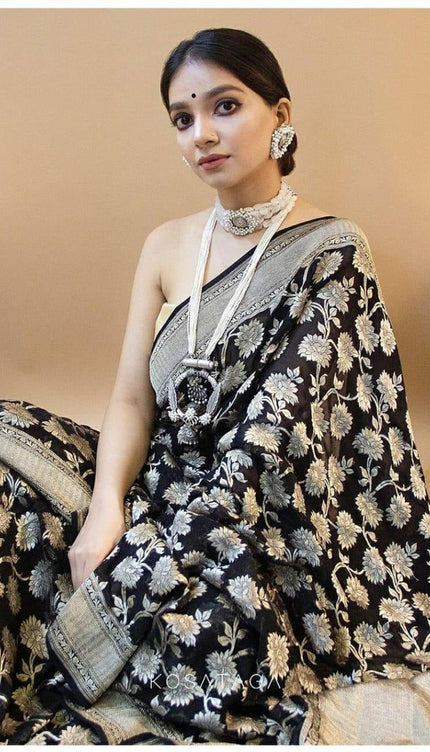 Kamini - Black Soft Silk Jacquard Saree with Floral Zari Work