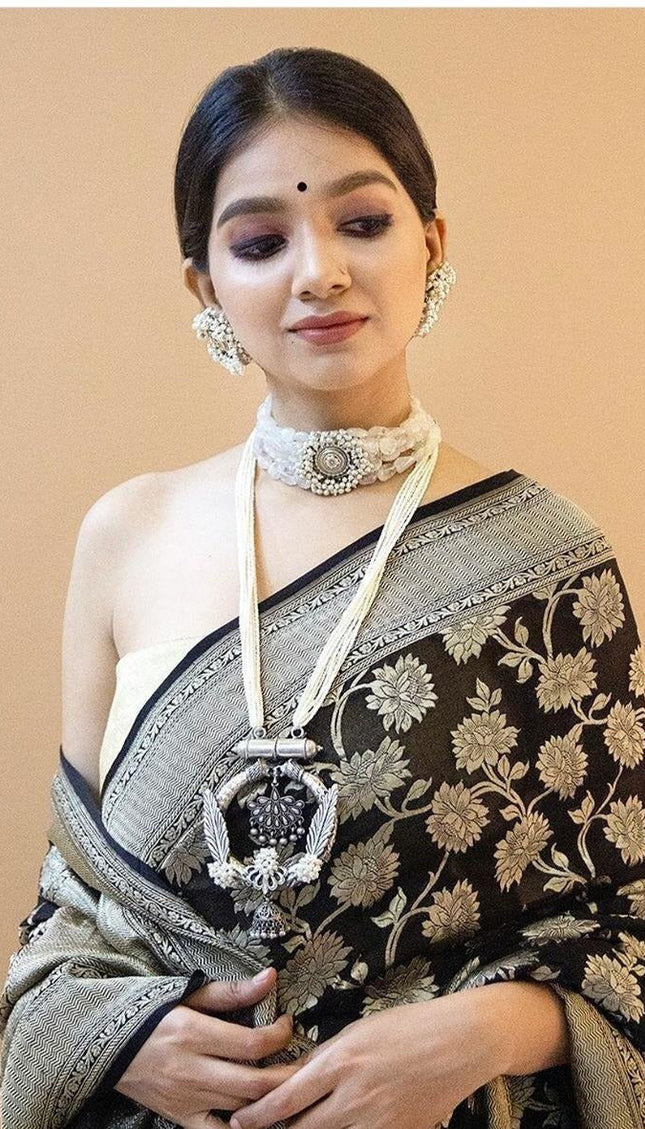 Kamini - Black Soft Silk Jacquard Saree with Floral Zari Work