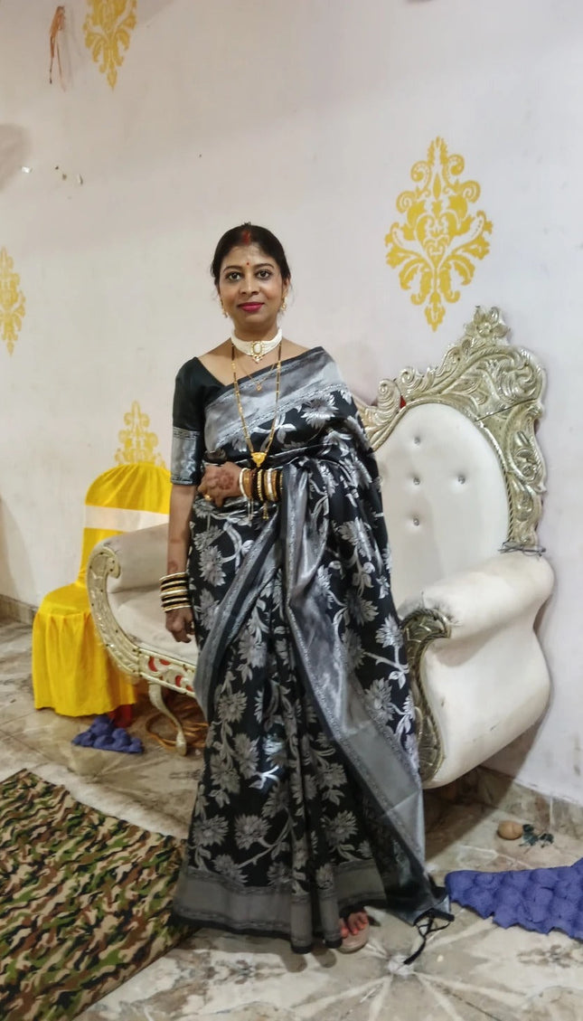 Kamini - Black Soft Silk Jacquard Saree with Floral Zari Work