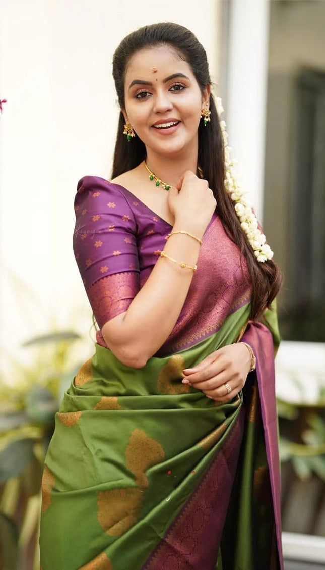 Kavya - Green Soft Banarasi Silk Saree with Copper Jacquard Buttas