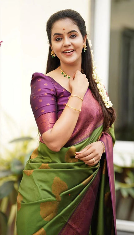 Kavya - Green Soft Banarasi Silk Saree with Copper Jacquard Buttas