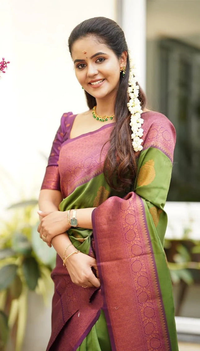 Kavya - Green Soft Banarasi Silk Saree with Copper Jacquard Buttas