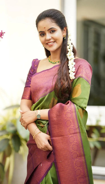 Kavya - Green Soft Banarasi Silk Saree with Copper Jacquard Buttas