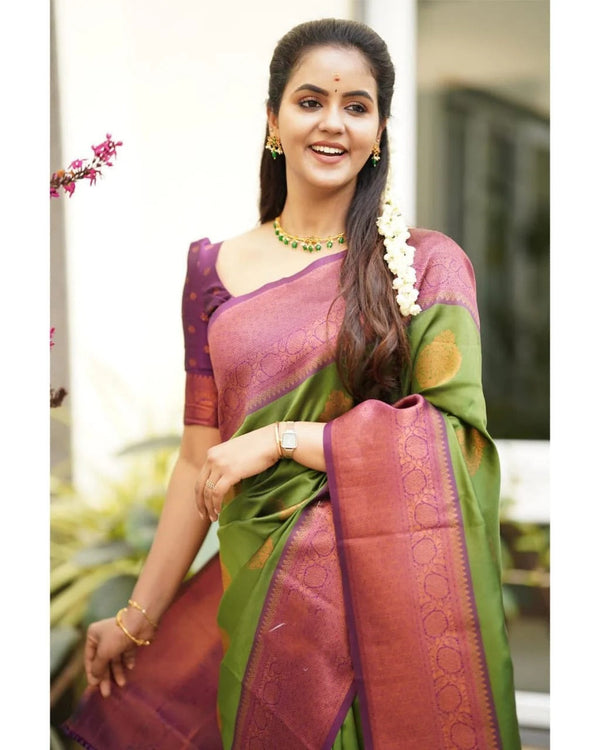 Kavya - Green Soft Banarasi Silk Saree with Copper Jacquard Buttas