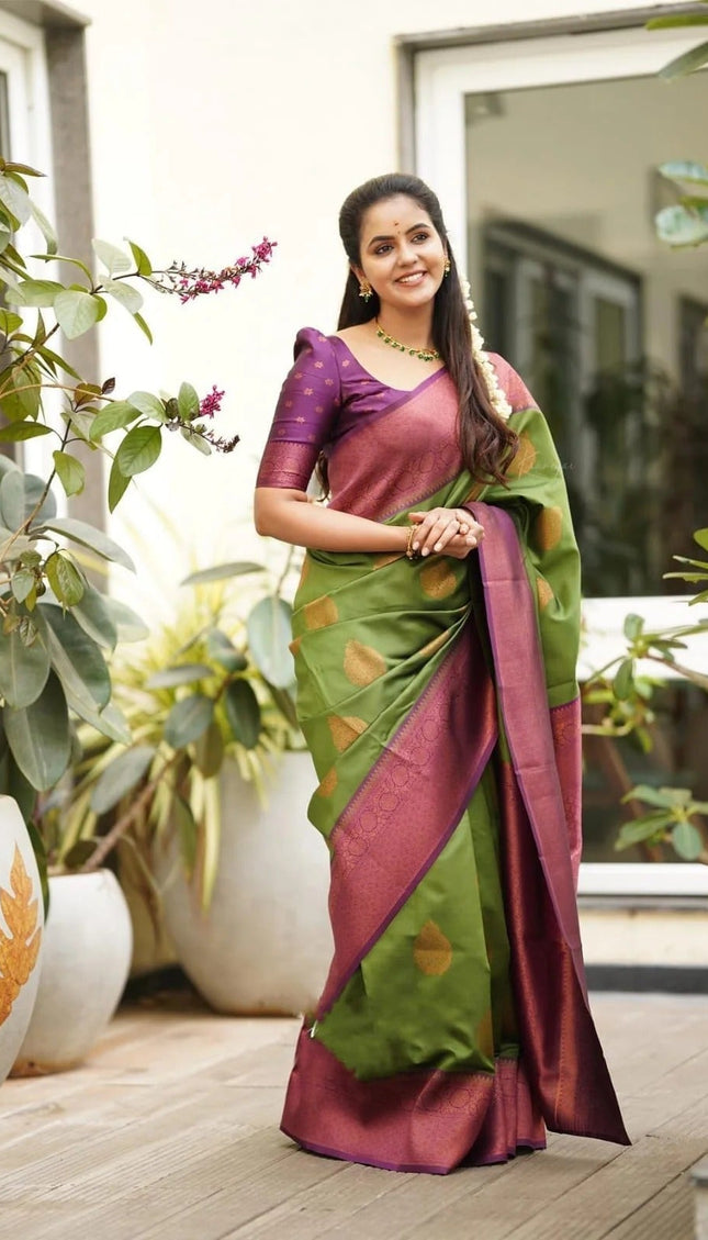Kavya - Green Soft Banarasi Silk Saree with Copper Jacquard Buttas