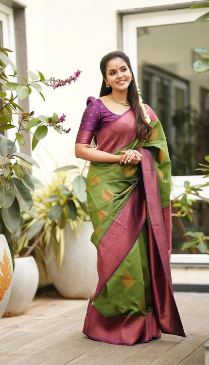 Kavya - Green Soft Banarasi Silk Saree with Copper Jacquard Buttas
