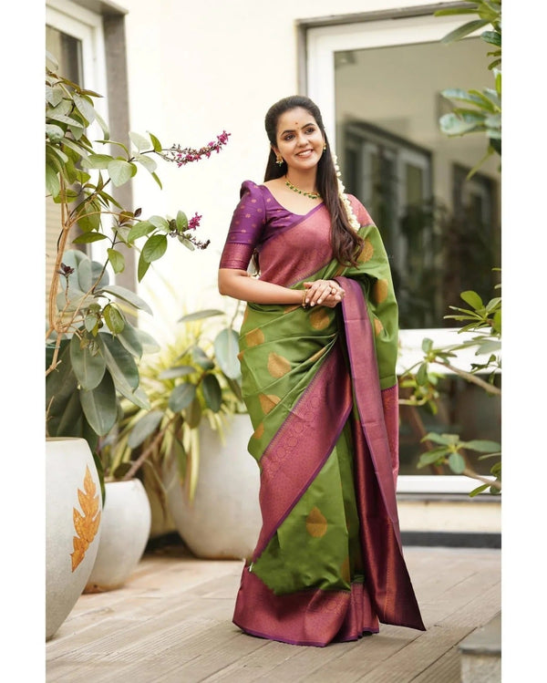 Kavya - Green Soft Banarasi Silk Saree with Copper Jacquard Buttas