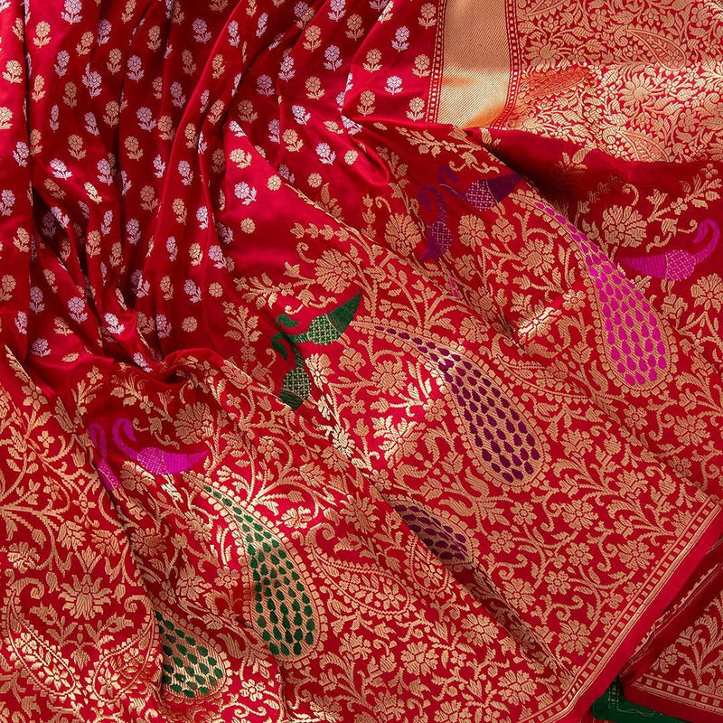 Kaveri – Red Banarasi Silk Saree with Heavy Embroidered Green Blouse