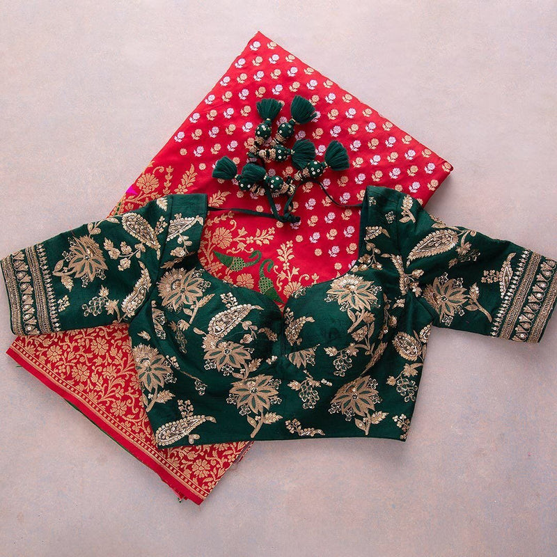 Kaveri – Red Banarasi Silk Saree with Heavy Embroidered Green Blouse