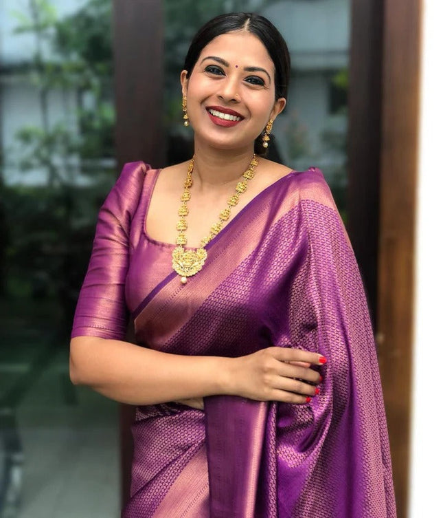 Valmika Purple Soft Kanjivaram Silk Drape with Unique Blouse Piece