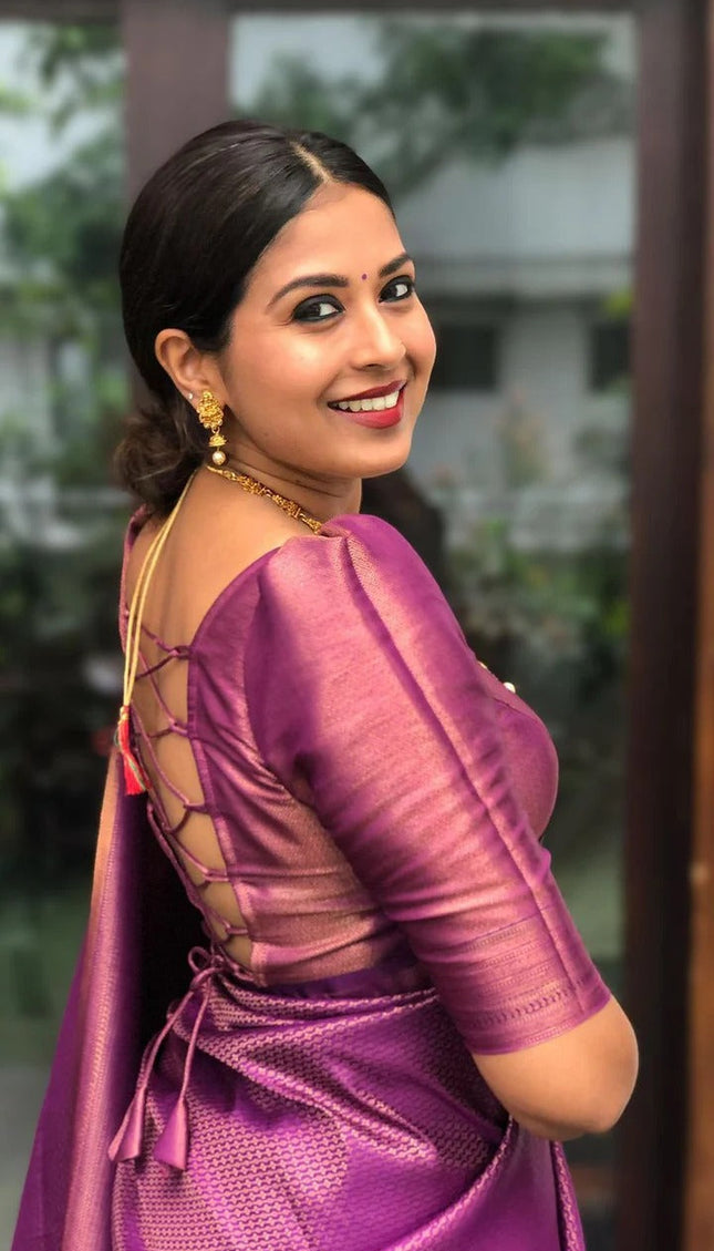 Valmika Purple Soft Kanjivaram Silk Drape with Unique Blouse Piece