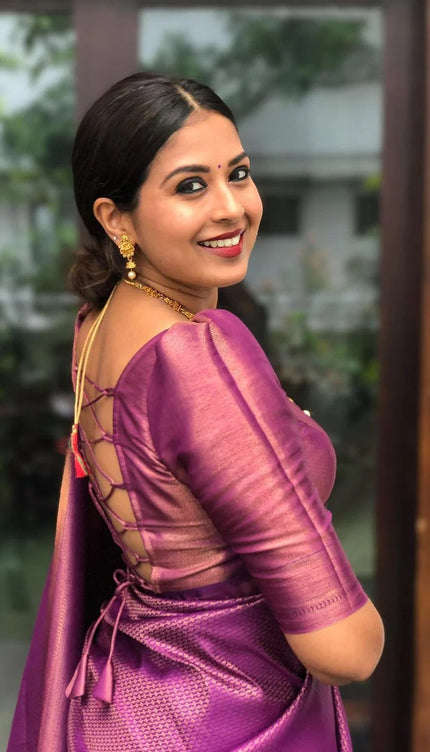 Valmika Purple Soft Kanjivaram Silk Drape with Unique Blouse Piece