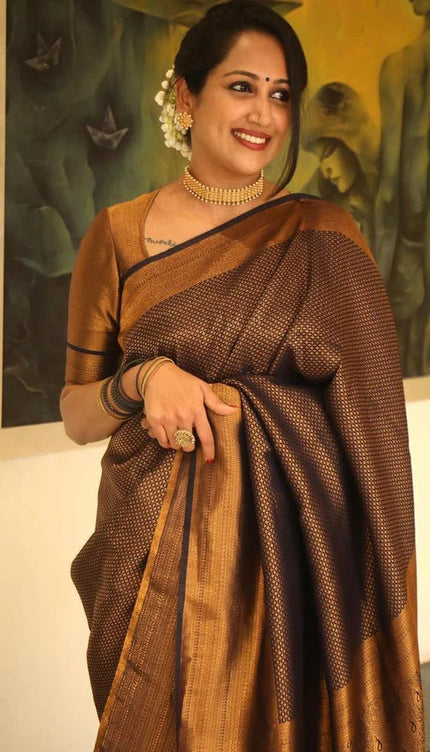 Valmika Black Soft Kanjivaram Silk Drape with Unique Blouse Piece