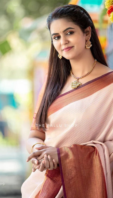 Valmika Beige Blossom Kanjivaram Silk Drape with Unique Blouse Piece