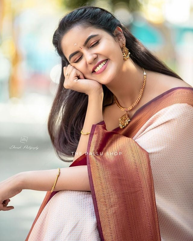 Valmika Beige Blossom Kanjivaram Silk Drape with Unique Blouse Piece