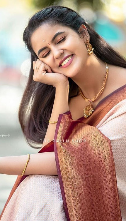 Valmika Beige Blossom Kanjivaram Silk Drape with Unique Blouse Piece