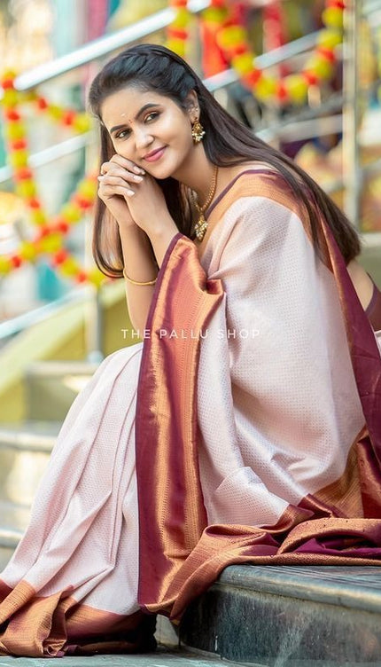 Valmika Beige Blossom Kanjivaram Silk Drape with Unique Blouse Piece