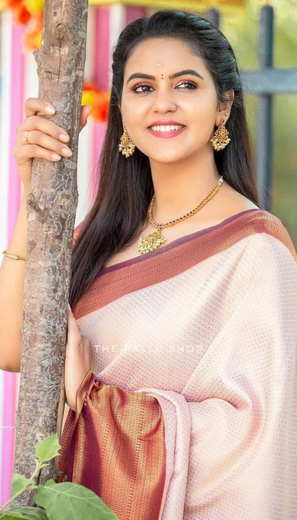 Valmika Beige Blossom Kanjivaram Silk Drape with Unique Blouse Piece