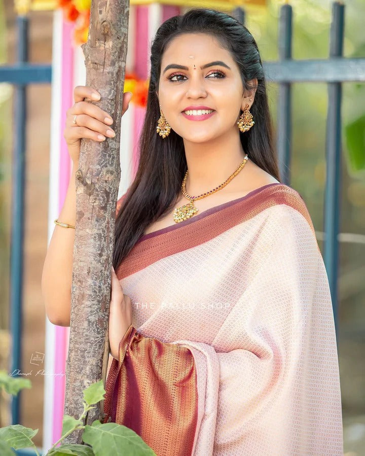 Valmika Beige Blossom Kanjivaram Silk Drape with Unique Blouse Piece