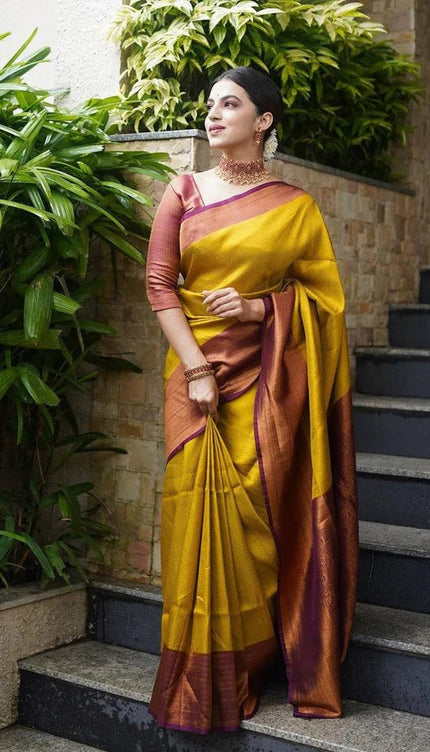 Valmika Gold-Brown Soft Kanjivaram Silk Drape with Unique Blouse Piece