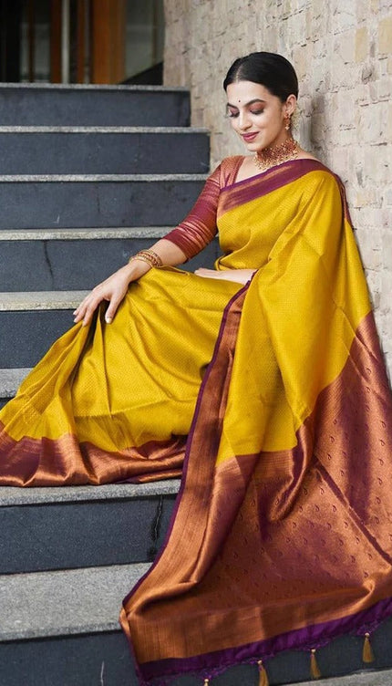 Valmika Gold-Brown Soft Kanjivaram Silk Drape with Unique Blouse Piece