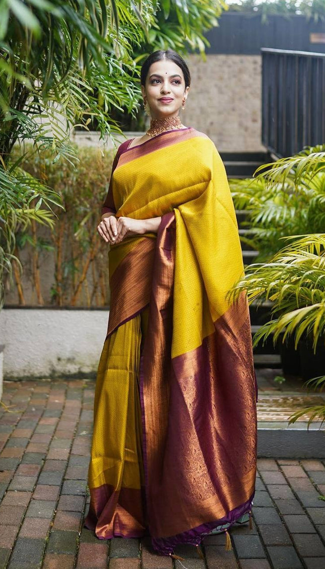 Valmika Gold-Brown Soft Kanjivaram Silk Drape with Unique Blouse Piece