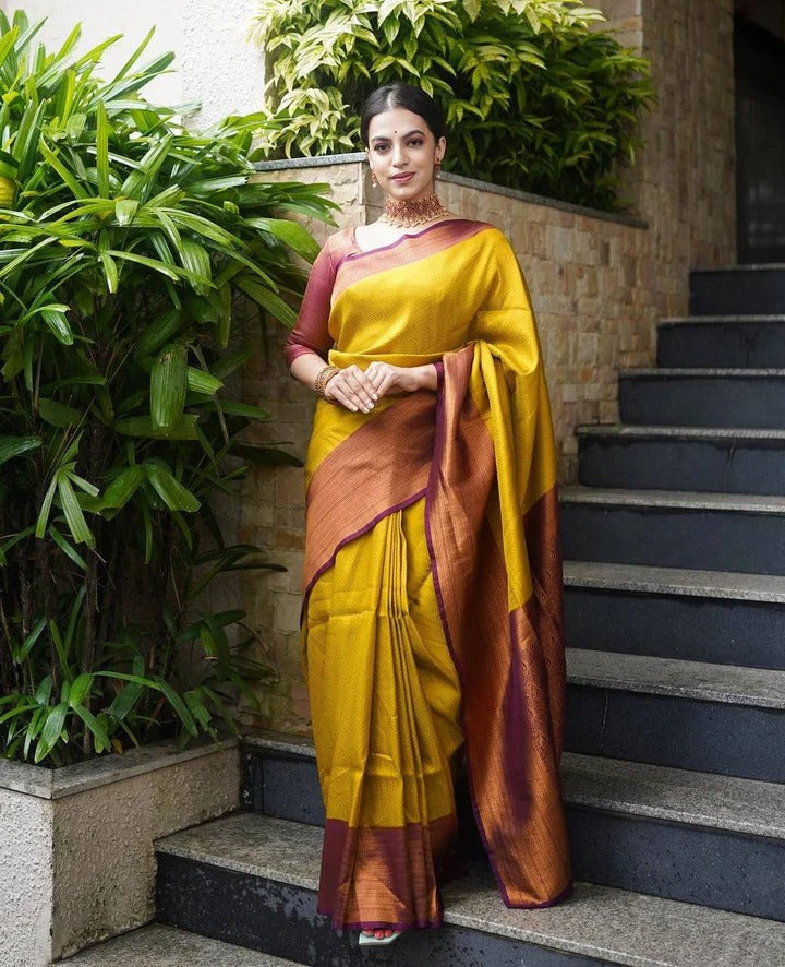 Valmika Gold-Brown Soft Kanjivaram Silk Drape with Unique Blouse Piece