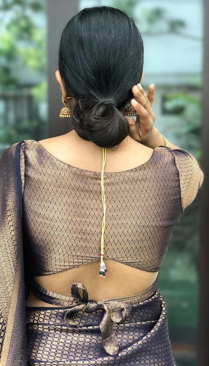 Valmika Navy Blue Soft Kanjivaram Silk Drape with Unique Blouse Piece