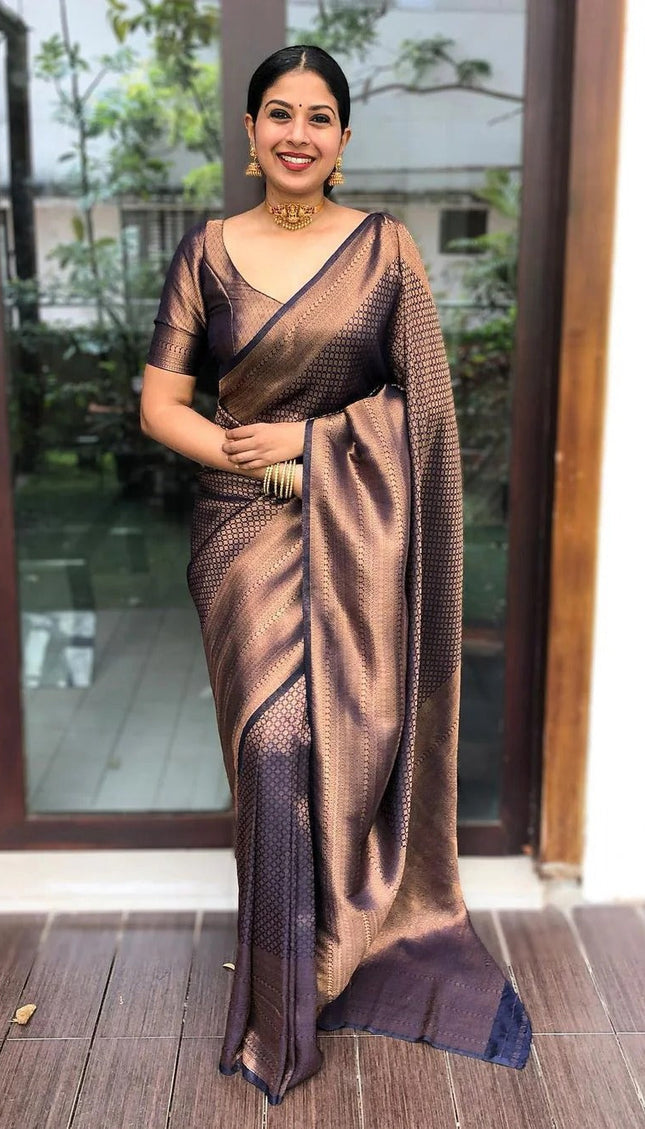 Valmika Navy Blue Soft Kanjivaram Silk Drape with Unique Blouse Piece