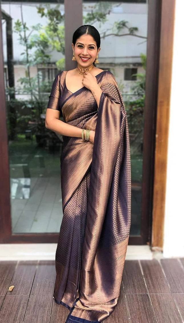 Valmika Navy Blue Soft Kanjivaram Silk Drape with Unique Blouse Piece