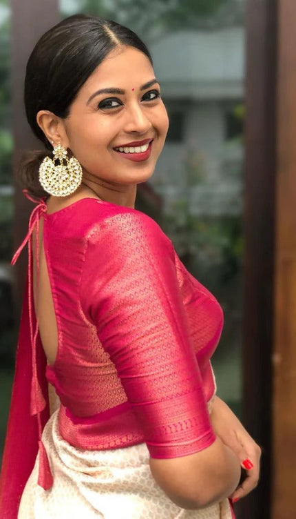 Valmika OffWhite Soft Kanjivaram Silk Drape with Unique Blouse Piece