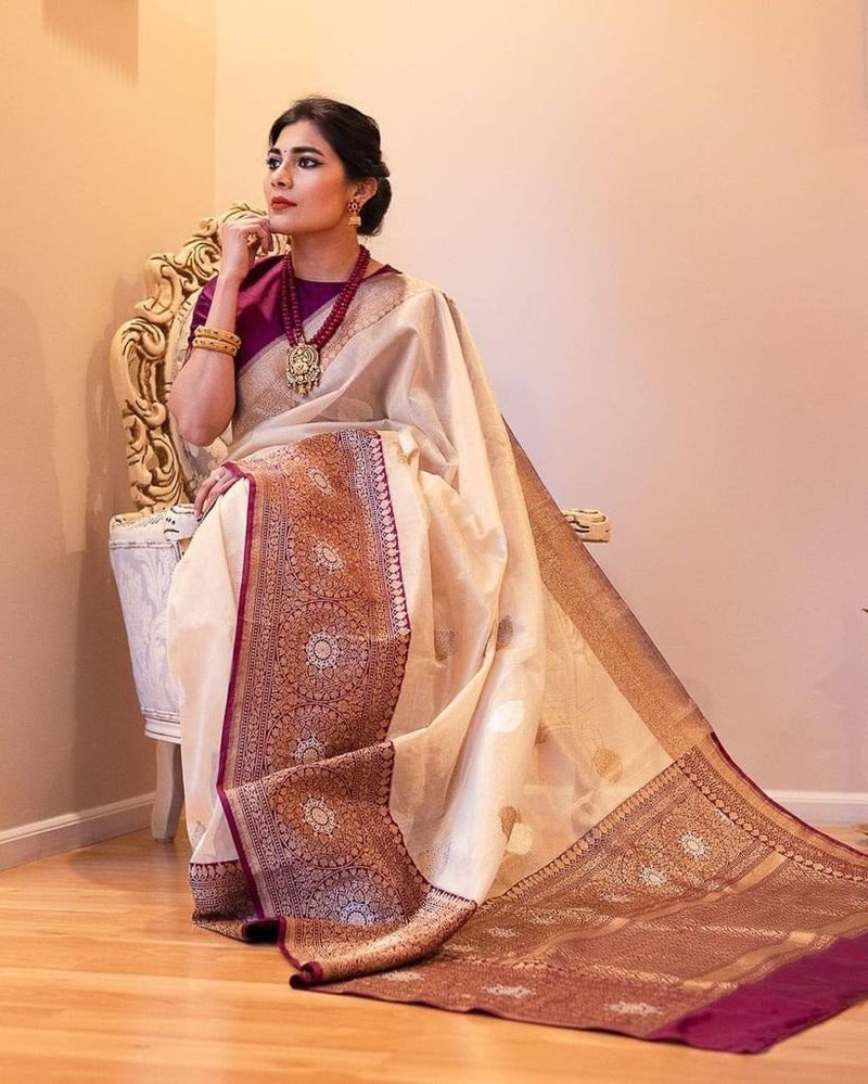 Bhagyam – Beige Soft Banarasi Silk Saree with Wine Jacquard Pallu